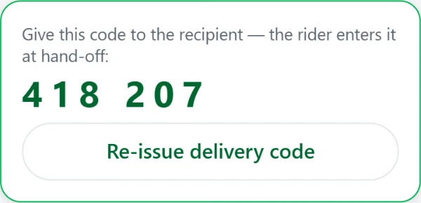 Track live, share the code at hand-off — app screen